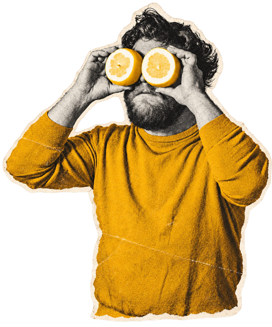 Homme barbu regardant à travers deux demi-citrons en guise de jumelles